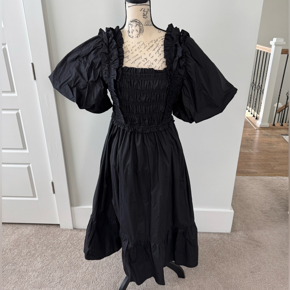 NWT English Factory Puff Sleeve Square Neck Smocked Midi Dress Black Size L - Picture 4 of 15